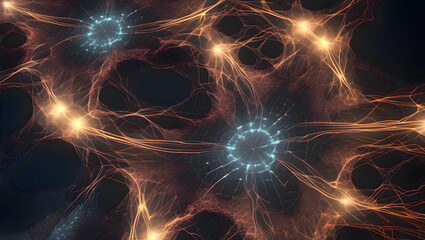 Obraz premium Computer generated cluster of interconnected glowing orange and blue lights forming an abstract visualization of data and energy