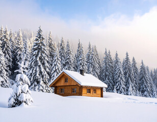 Quaint wooden cabin nestled amidst snow dusted embrace of towering forest, creating serene winter landscape. scene evokes sense of tranquility and warmth