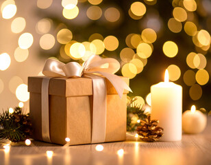 Beautifully wrapped gift box with satin ribbon sits elegantly beside lit candle, surrounded by festive decorations and warm bokeh lights, creating cozy holiday atmosphere