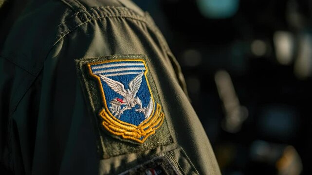 Close-up of military uniform patch with eagle emblem