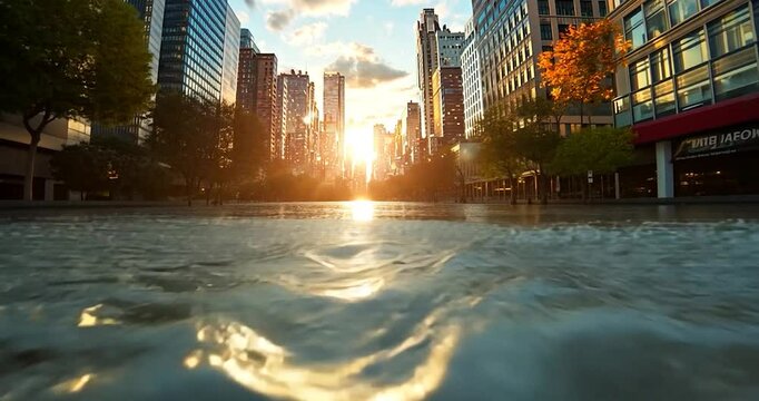 A video screenshot depicting a city scene with water and dynamic lighting effect. The sun is shining brightly. The background is blurred. The water droplets are in focus