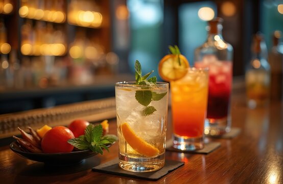 Classy bar refreshing cocktails on bar shelf. Drinks with ice fruit slices, mint on wooden surface. Gold lights, shallow depth of field create cozy atmosphere for holiday relaxation, chilling.