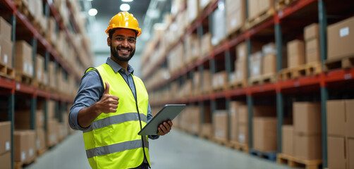 Obraz na płótnie Canvas Indian warehouse manager gives thumbs up while holding tablet. Man in hard hat, vest in industrial setting. Modern tech, storage, logistic work. Warehouse worker, worker happy with the result.
