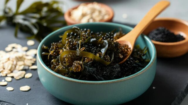 Fresh seaweed salad in bowl with wooden spoon Dry oats background