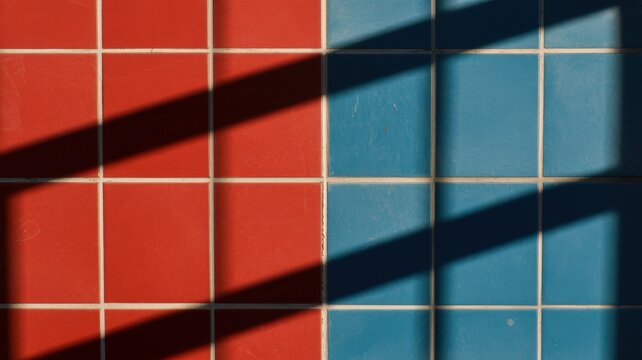 Geometric shadows on red and blue tiled wall in sunlight