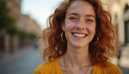 Fototapeta premium Joyful young woman smiles. Happy female with golden earrings and wavy hair enjoys sunny day outdoors. Attractive caucasian girl with cheerful expression, positive emotion.