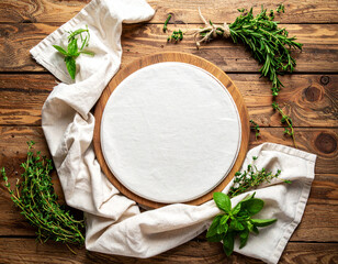Rustic wooden board surrounded by fresh herbs and soft textured linen cloth creates warm and inviting atmosphere, perfect for culinary presentations or food photography