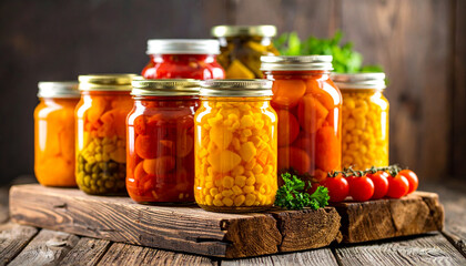 Rustic wooden stand displays collection of jars filled with vibrant, colorful vegetables, showcasing variety of textures and hues. warm tones evoke sense of home and comfort
