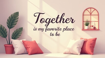 "Together is my favorite place to be" elegant flat typography, clean pastel color scheme, decorative details: books, windows, candles, vector cushions, soft and warm mood

