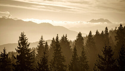 Majestic mountains rise in background, enveloped in sepia toned haze, while towering evergreen trees create serene forest landscape. tranquil atmosphere evokes sense of peace and wonder