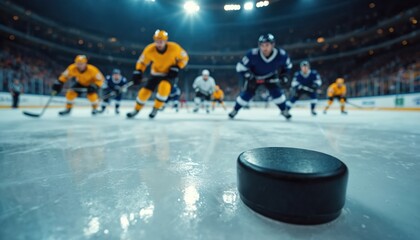 Ice hockey match players in yellow blue jerseys compete for puck. Arena night game atmosphere crowd cheering. Excitement, athleticism, action, sport, teamwork. Competitive winter game.