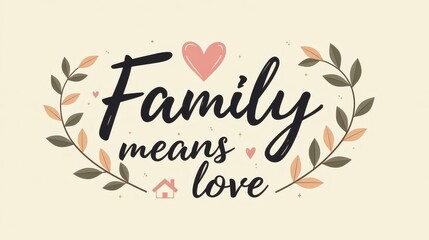 "Family means love" simple modern lettering, light neutral background, soft flowing abstract shapes, tiny home icon, leaves and heart in balanced flat design