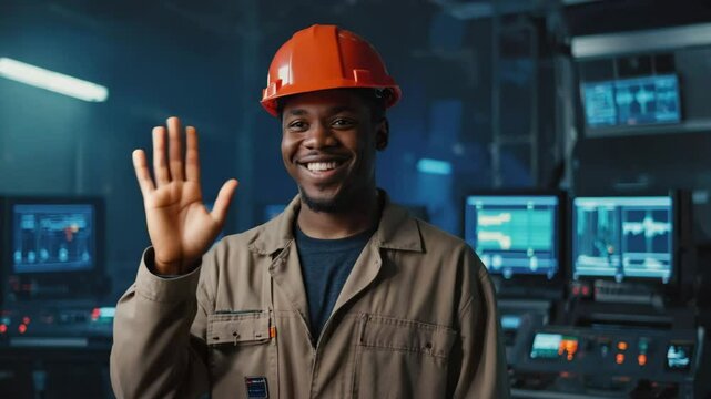 A skilled engineer in protective gear, with a friendly wave welcomes the viewer, showcasing expertise within an industrial setting. 