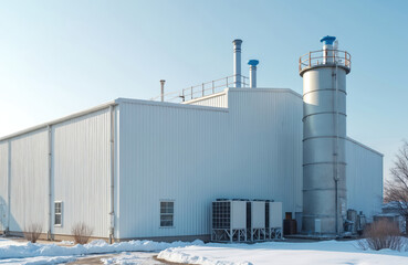 Industrial white building with air conditioning units, chimneys outside. Factory exterior, winter day, snowy ground. Manufacturing plant, production, warehouse, food industry, energy concept.