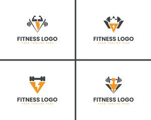 Modern Fitness Logo Collection for Gym or Fitness Center. Four different fitness logo designs, featuring a combination of dumbbells, biceps, and lightning bolts.