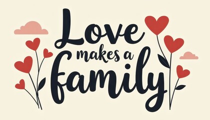"Love makes a family" flat calligraphy lettering, light background, minimal shadows, abstract clouds and flowers around the text, centered clean composition