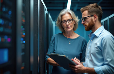 Mature woman, man computer engineers discuss system update in server room. Data center employees with clipboard, working together on hardware maintenance, security, software. Teamwork, information