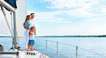 Summer Moments. Family Standing On Yacht Deck Sailing Across The Sea Outside. Free Space For Text, Panorama