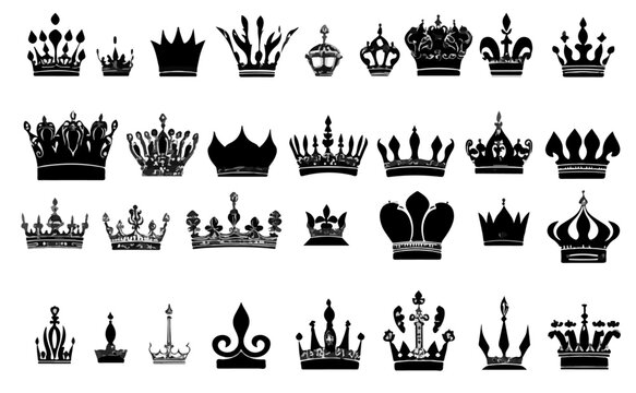 Collection of classic crowns in black and white, perfect for royalty themes and royal designs or graphic projects and regal aesthetics.