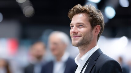 A confident young man in a professional suit smiles at an event. His positive demeanor captures the essence of networking and success. A vibrant atmosphere surrounds him. AI.