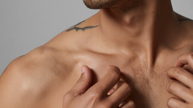 Male adult with tattooed shoulder and tan skin touches collarbone