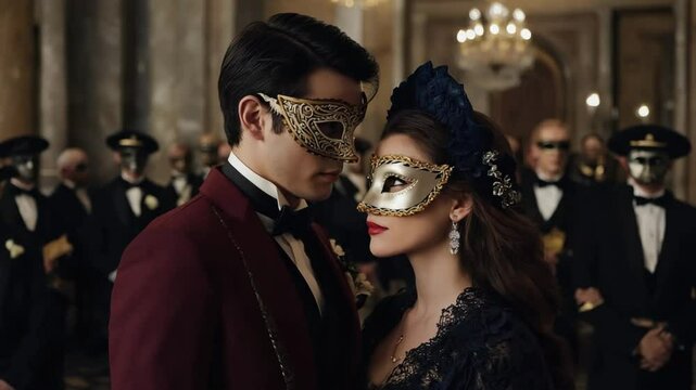 A romantic couple in exquisite masquerade attire shares an intimate moment amidst a grand ballroom, embodying elegance and mystery. Elegant ballroom, couple intimacy.