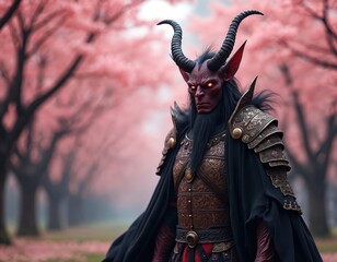 Human-shaped Japanese demon stands looking at the camera. Illustration depicts a horned red-skinned figure in ornate armor and black cape against pink flowering trees in a garden. Fantasy art.