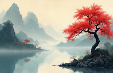 Traditional Chinese minimalist landscape painting. Red tree reflects in calm water. Mountains silhouettes in fog. Calmness tranquility of nature for relaxation meditation. Ideal for art prints design.