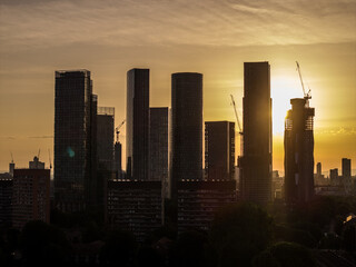 Silhouette of Manchesters Modern Skyscrapers at Sunrise in Urban Cityscape