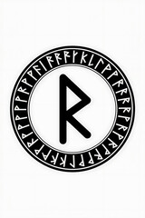 Circular rune symbol, surrounded by Norse symbols.

