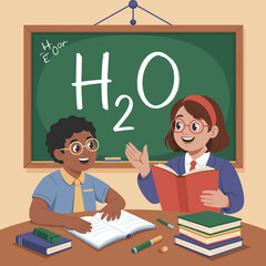 Young black boy learning about H2O with smiling female teacher  
