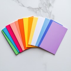 Vibrant Collection of Colorful Paper Sheets on Elegant Marble Surface