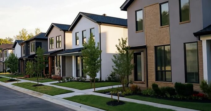 Residential street with modern houses featuring various exterior colors manicured lawns and small trees under a clear sky capturing a sense of tranquility and suburban living