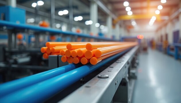 Industrial facility producing plastic rods using extrusion line. Modern manufacturing environment with focus on efficiency. Close-up view of orange rods. Blue pipes, machinery equipment. Automated