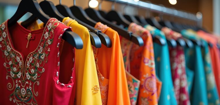 Vibrant display Indian women fashion dresses hanging. Collection features colorful traditional garments with intricate embroidery embellishments. Clothing shop, retail store showcase. Festive festive
