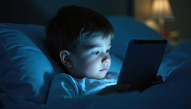 Young boy in bed at night using tablet computer. Child browses, watches screen, interacts, enjoying entertainment. Digital device emits soft glow in dark room. Tech, modern lifestyle, bedtime routine.