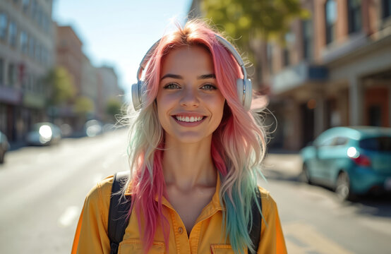 Smiling teenage girl with bright dyed hair listens music in headphones. Young woman in urban city street enjoys leisure time. Female model with colorful hair and stylish look. Modern youth lifestyle. - Powered by Adobe