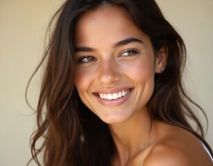 Naklejka premium Beautiful woman portrait. Young female smiles broadly showing white teeth. Happy, natural skin with healthy glow. Long wavy brunette hair, studio background. Positive emotion, wellness.