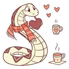 Playful Amused Snake design, styled with holding a heart and Warm Cozy shades in a Christmas setting