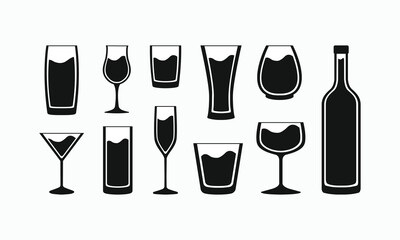 Silhouette vector set of various drink glasses and bottle on white background. Includes wine, cocktail, beer, whiskey, and champagne glass shapes. Ideal for bar or beverage design.