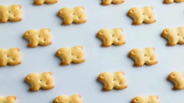Animal-shaped biscuits arranged in grid pattern on light-colored surface