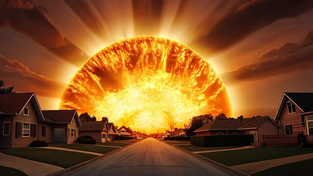 Apocalyptic Sunset: A fiery celestial event looms large over a quiet suburban street, casting an ominous glow on the houses.  The scene evokes feelings of impending doom and the fragility of life.
