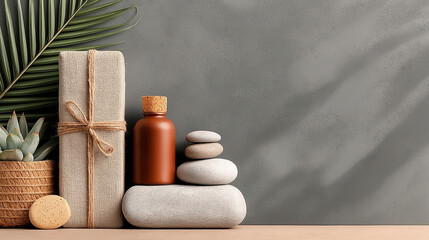 Natural Spa Essentials with Soap, Bottles, and Palm Leaf on Stone Background—Eco-Friendly Wellness and Self-Care Concept, 