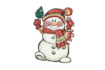 Christmas Illustration of smiling snowman with hat, scarf and candy cane isolated on transparent background