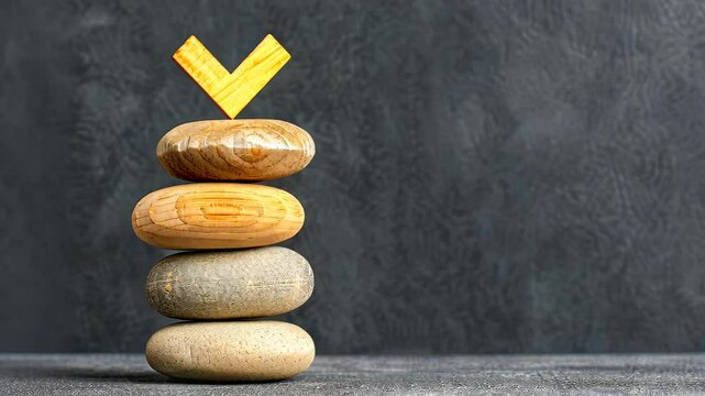 Harmony of Elements: A balanced stack of smooth stones, topped with a golden checkmark, embodies equilibrium, decision-making, and achieving goals.