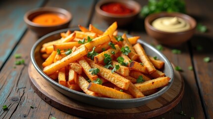 Delicious french fries restaurant kitchen food photography warm lighting close-up culinary delight
