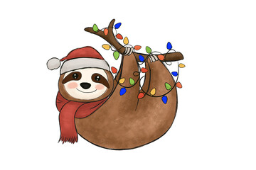 Illustration of sloth wearing a santa hat and scarf hanging from a branch with lights isolated on transparent background © Lemon
