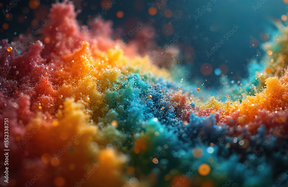 Poster abstract cosmos of colorful molecules in universe. bubbles of liquid, droplets of water in macro. mu