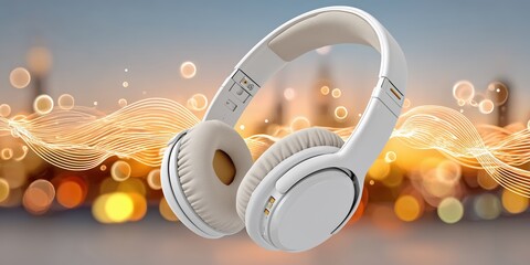 Obraz premium Stylish wireless headphones with sound waves and warm city lights for modern audio branding and marketing.