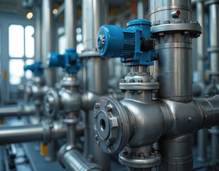 Fototapeta premium Industrial on-off motor operated valve installed in power plant, connected to pipes, tubes. Process control system automation equipment. Engineering background, metallic, stainless steel